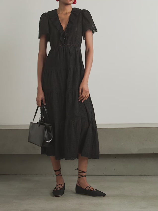 Embrace effortless elegance with the Gabriella dress by Doen, a bohemian-inspired piece that captures the essence of carefree style. Crafted from lightweight point d'esprit cotton, this dress moves beautifully with you, featuring delicate lace-trimmed sleeves and a romantic ruffled neckline. The voluminous tiered skirt creates a graceful silhouette that sways with every step, making it perfect for warm days and special occasions.